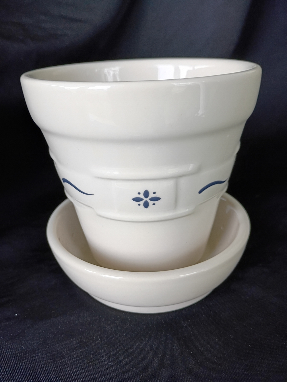 Longaberger Pottery Woven Traditions Medium Blue Flower Pot w Saucer